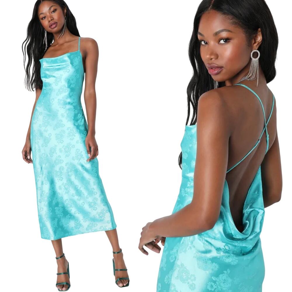 Lulus Cowl Neck Midi Slip Dress Strappy Backless Floral Jacquard Aqua Blue Small